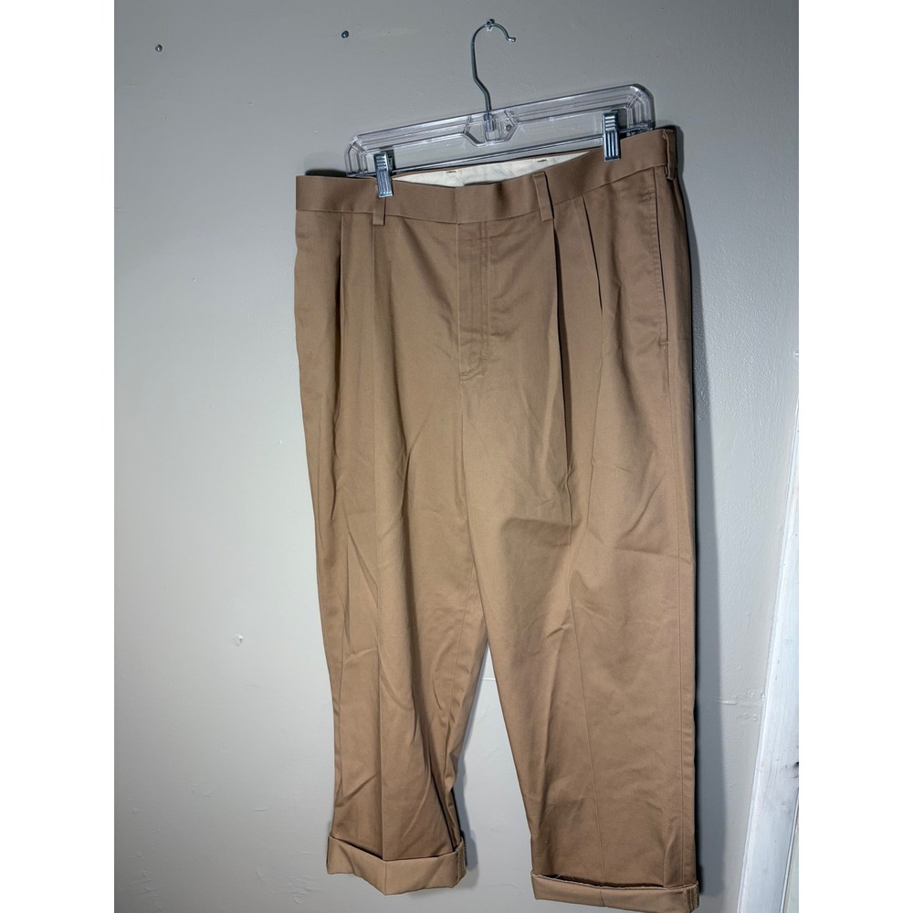 LL Bean Mens 35 Natural Fit Pleated Chino Pants Khaki Tan Cuffed Cotton D262554